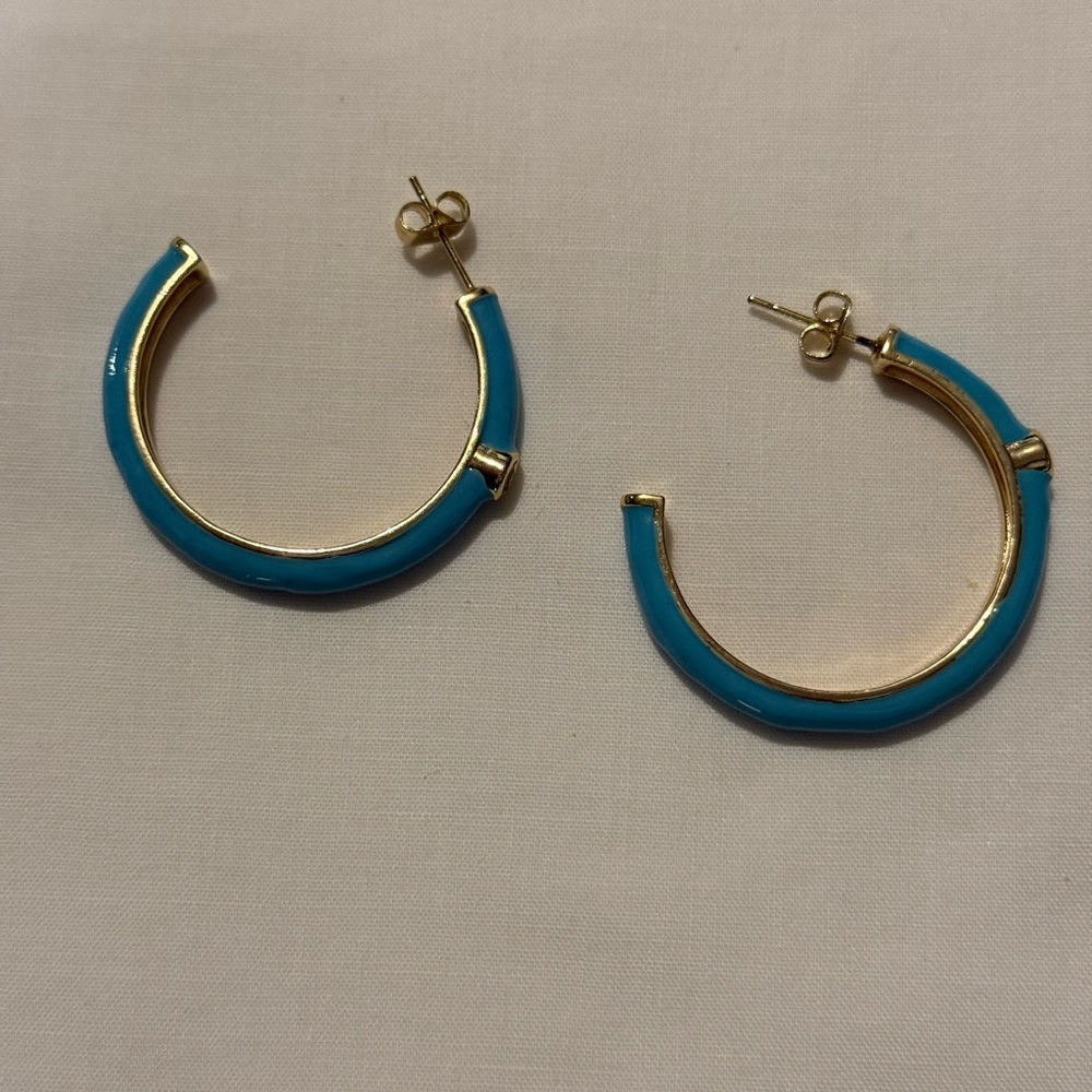 Turquoise Blue Gold-Toned Hoop Earrings with Enamel Finish
